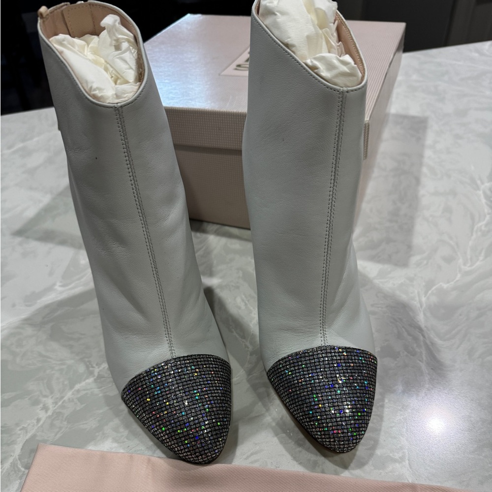 Elegant White Ankle Boots with Black Bling on toes Embellished Women's Boots